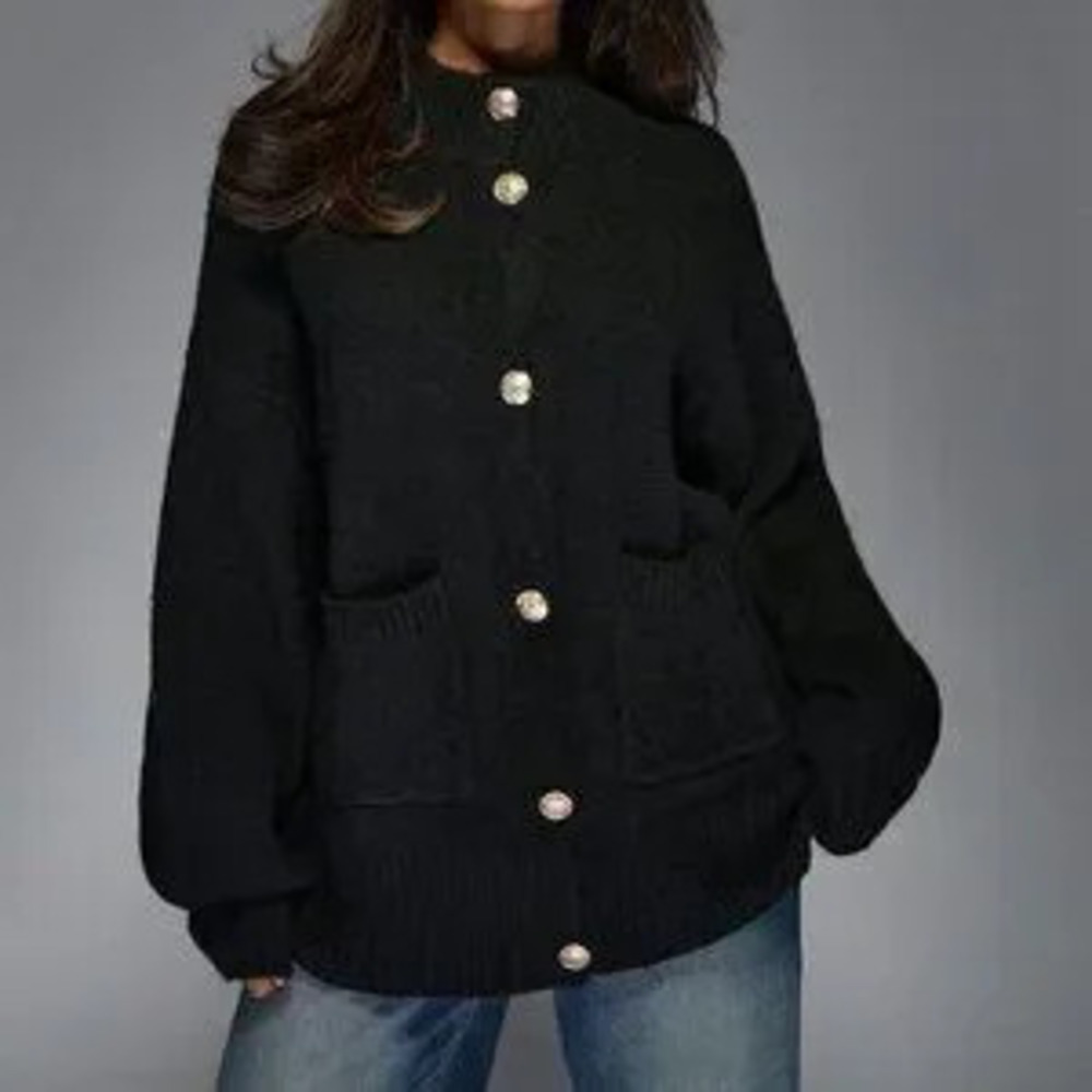 Black Casual Women's Knitted Button Drop Shoulder Long Sleeves Cardigan